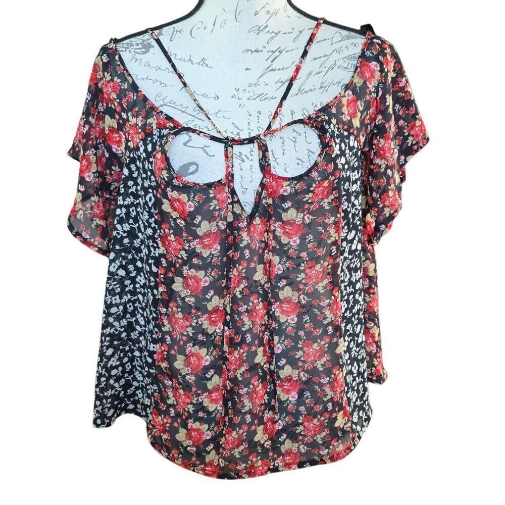 Intu. Women’s Size Large Black White Red Sheer Floral Print Boho Blouse